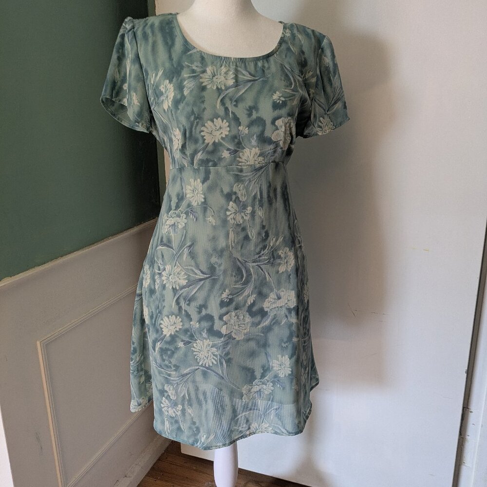 Modest Dress - Flutter sleeve A-line powder blue and white floral chiffon dress